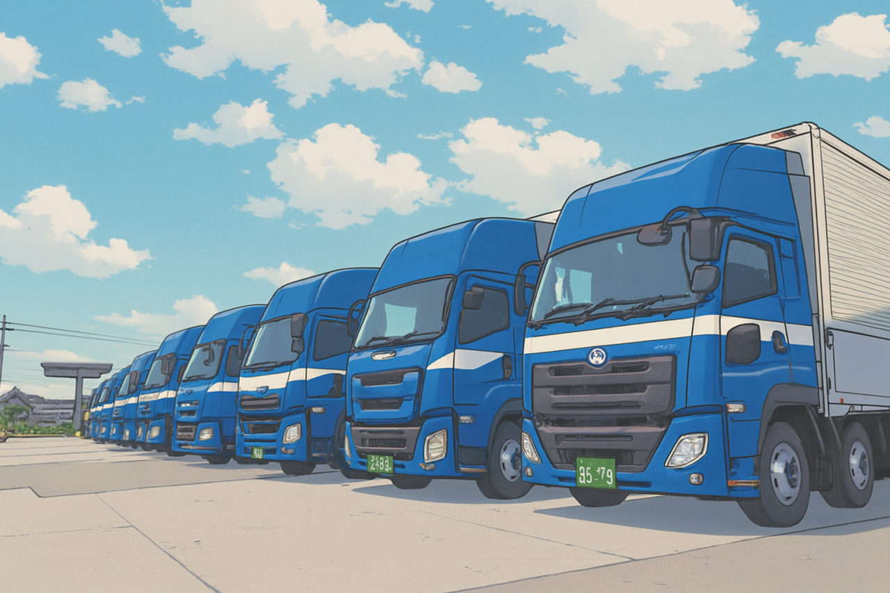 青い商用トラックが整列している様子を、サ