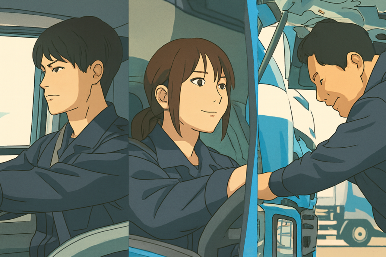 3つの場面を並べた構成で、左はトラックの