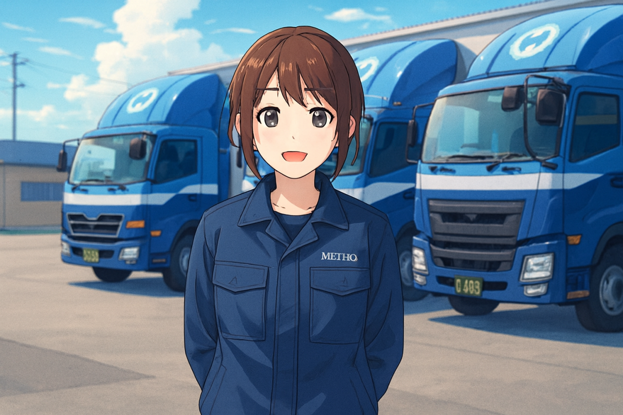 青い大型トラックの前に立つ、濃紺の制服を